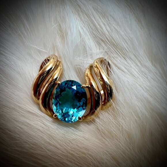 FINE JEWELRY!  Stunning Gold and Blue Topaz Omega Slide Charm Pendant - Picture 3 of 4